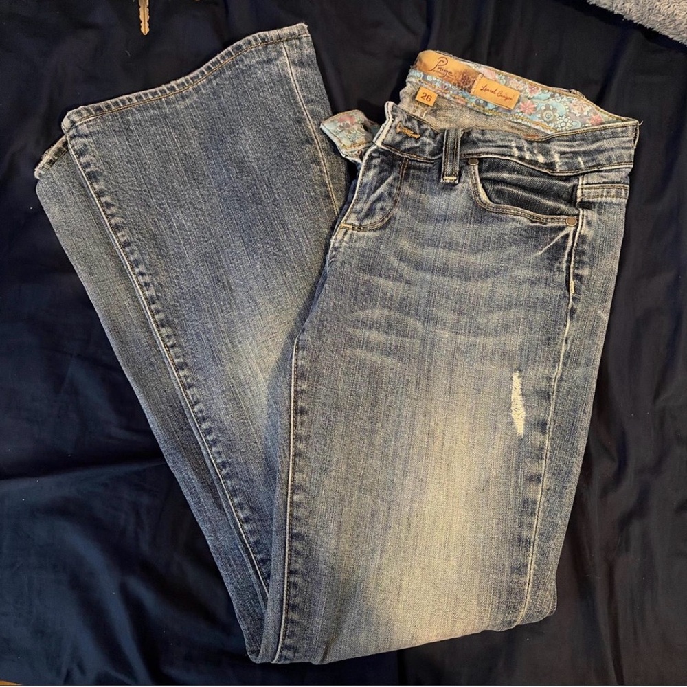 PAIGE Light Blue Distressed Bootcut Jeans